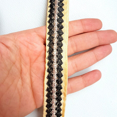 Beige Fabric Trim With Black And Gold Thread Embroidery Lace Trim, Approx. 25mm Wide